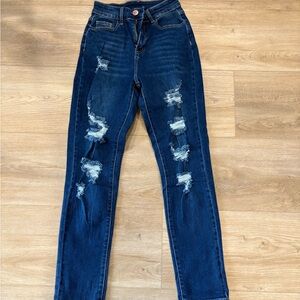 Trendy Distressed Dark Blue Skinny Jeans